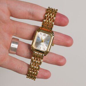 Gold Rectangle Analog Watch White Dial